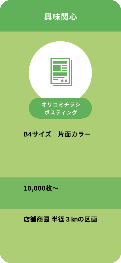 興味関心　オリコミチラシ、ポスティング　オリコミチラシ、ポスティング　B4サイズ　片面カラー　10,000枚〜　店舗商圏半径3kmの区間